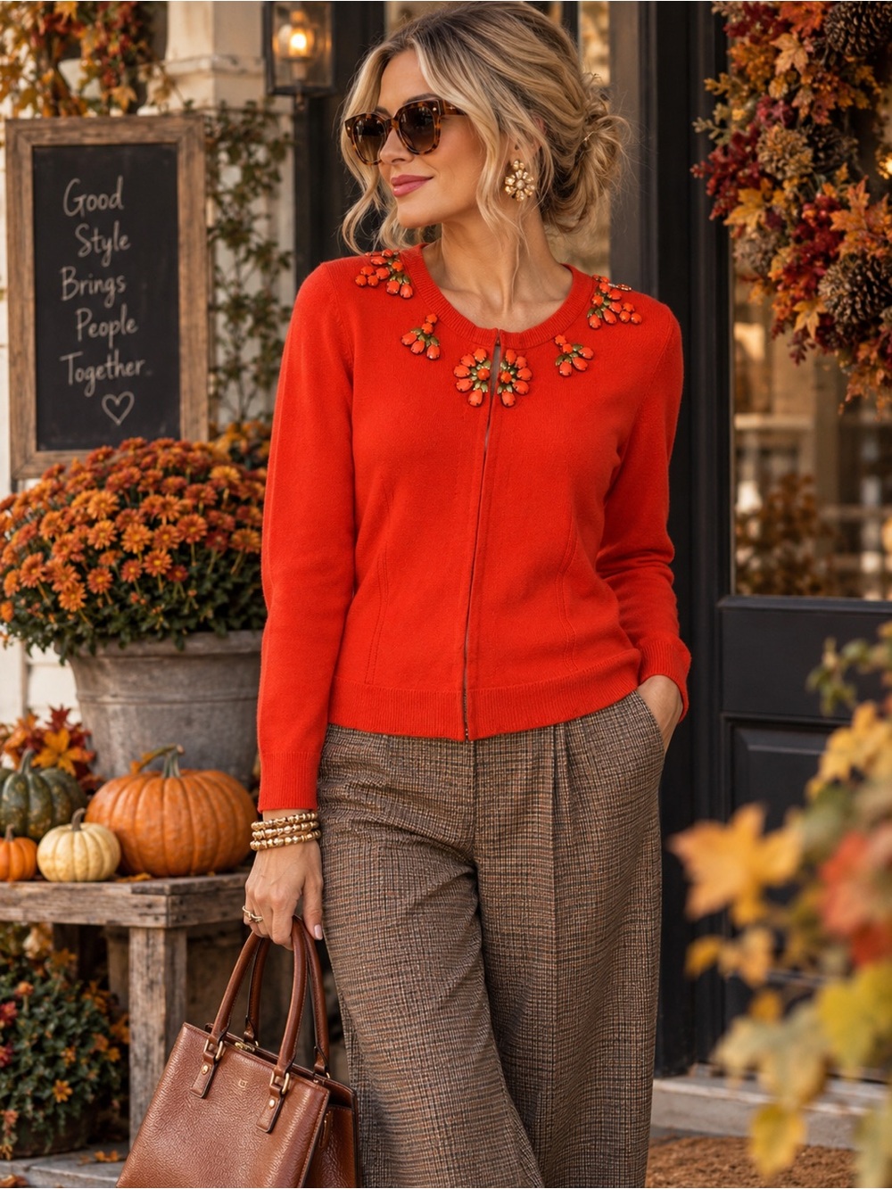Milly Orange Floral Embellished Crewneck Cardigan